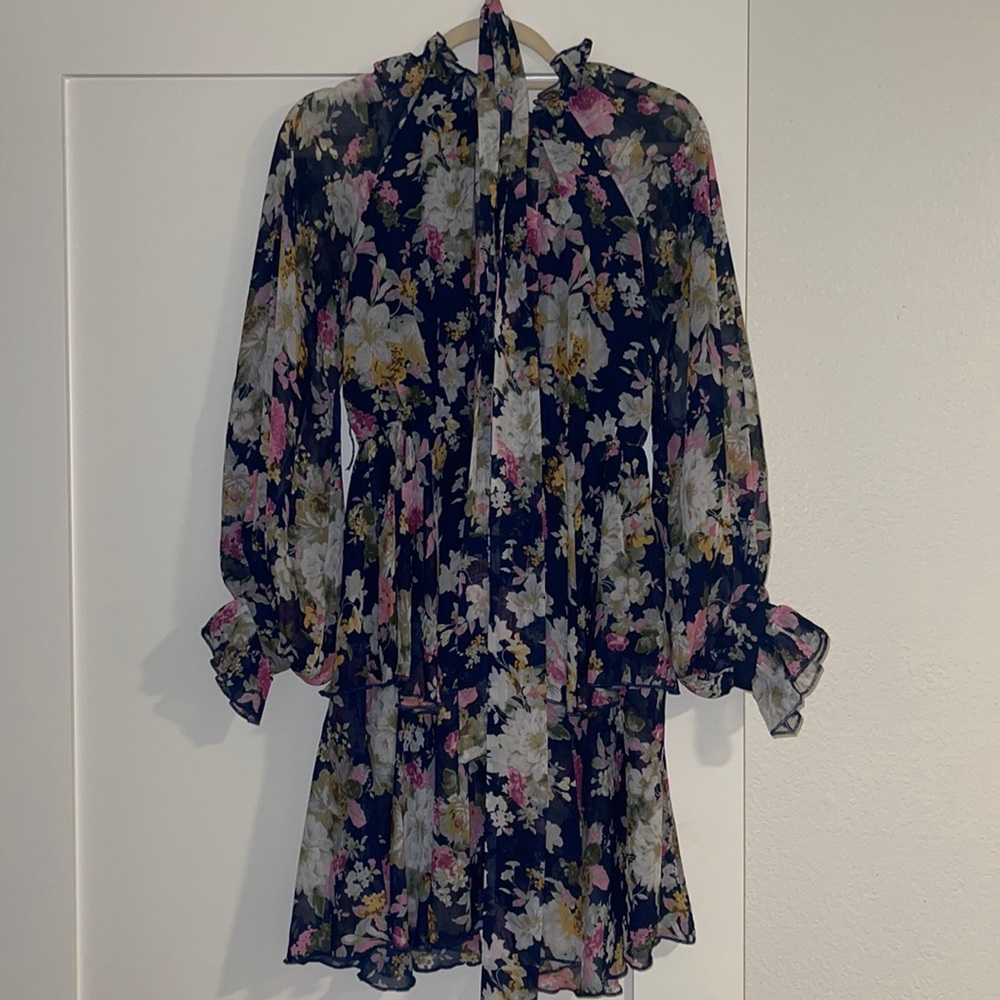 Floral blue tapered wrap dress
